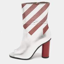 Anya Hindmarch Silver/Burgundy Stripe Leather Peep Toe Ankle Boots Size 37