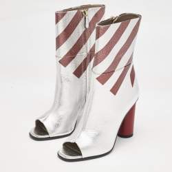 Anya Hindmarch Silver/Burgundy Stripe Leather Peep Toe Ankle Boots Size 37