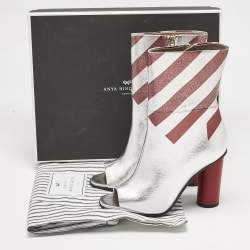Anya Hindmarch Silver/Burgundy Stripe Leather Peep Toe Ankle Boots Size 37