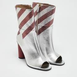 Pre Owned Anya Hindmarch Silver/Burgundy Stripe Leather Peep Toe Ankle Boots Size 38