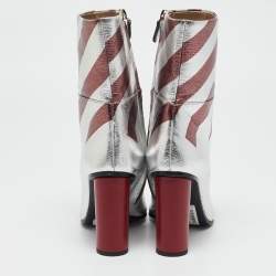 Pre Owned Anya Hindmarch Silver/Burgundy Stripe Leather Peep Toe Ankle Boots Size 38