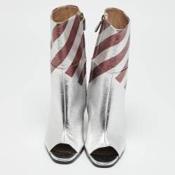 Pre Owned Anya Hindmarch Silver/Burgundy Stripe Leather Peep Toe Ankle Boots Size 38