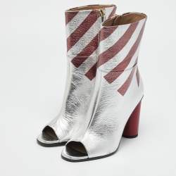 Pre Owned Anya Hindmarch Silver/Burgundy Stripe Leather Peep Toe Ankle Boots Size 38