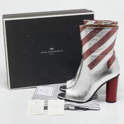 Pre Owned Anya Hindmarch Silver/Burgundy Stripe Leather Peep Toe Ankle Boots Size 38