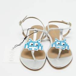 مملوكة مسبقًا Anya Hindmarch Silver Leather Ankle Strap Flat Sandals Size 36