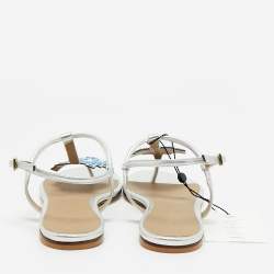 مملوكة مسبقًا Anya Hindmarch Silver Leather Ankle Strap Flat Sandals Size 36