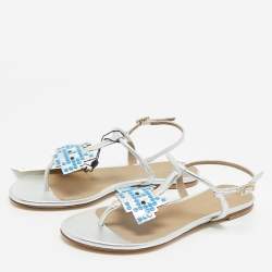 مملوكة مسبقًا Anya Hindmarch Silver Leather Ankle Strap Flat Sandals Size 36