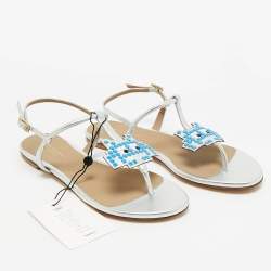 مملوكة مسبقًا Anya Hindmarch Silver Leather Ankle Strap Flat Sandals Size 36