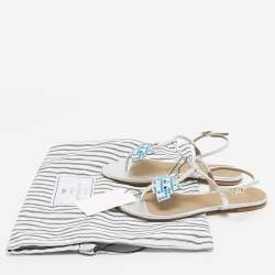 مملوكة مسبقًا Anya Hindmarch Silver Leather Ankle Strap Flat Sandals Size 36