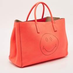 Pre Owned Anya Hindmarch Neon Orange Leather Featherweight Smiley Ebury Tote