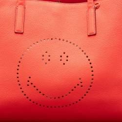 Pre Owned Anya Hindmarch Neon Orange Leather Featherweight Smiley Ebury Tote