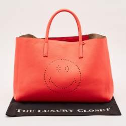 Pre Owned Anya Hindmarch Neon Orange Leather Featherweight Smiley Ebury Tote
