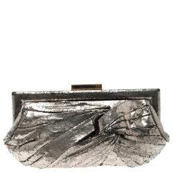 Pre Owned Anya Hindmarch Metallic Silver Crackled Leather Frame Clutch