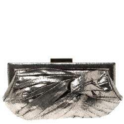 Pre Owned Anya Hindmarch Metallic Silver Crackled Leather Frame Clutch