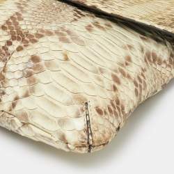 Pre Owned Anya Hindmarch Logo Flap Cream/Navy Blue Python and Leather Shoulder Bag