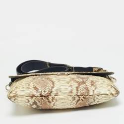 Pre Owned Anya Hindmarch Logo Flap Cream/Navy Blue Python and Leather Shoulder Bag