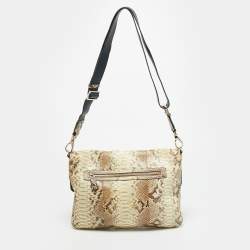 Pre Owned Anya Hindmarch Logo Flap Cream/Navy Blue Python and Leather Shoulder Bag