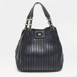 Pre Owned Anya Hindmarch Belvedere Navy Blue Striped Leather and Suede Tote
