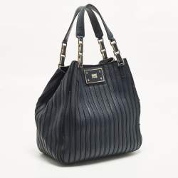 Pre Owned Anya Hindmarch Belvedere Navy Blue Striped Leather and Suede Tote