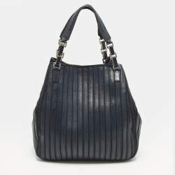 Pre Owned Anya Hindmarch Belvedere Navy Blue Striped Leather and Suede Tote