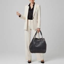 Pre Owned Anya Hindmarch Belvedere Navy Blue Striped Leather and Suede Tote