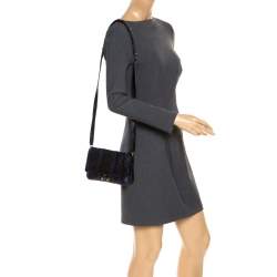 Pre Owned Anya Hindmarch Blue/Black Textured Stripe Leather Flap Crossbody Bag