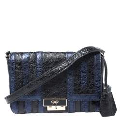Pre Owned Anya Hindmarch Blue/Black Textured Stripe Leather Flap Crossbody Bag
