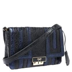 Pre Owned Anya Hindmarch Blue/Black Textured Stripe Leather Flap Crossbody Bag