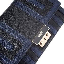 Pre Owned Anya Hindmarch Blue/Black Textured Stripe Leather Flap Crossbody Bag