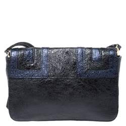 Pre Owned Anya Hindmarch Blue/Black Textured Stripe Leather Flap Crossbody Bag