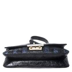 Pre Owned Anya Hindmarch Blue/Black Textured Stripe Leather Flap Crossbody Bag
