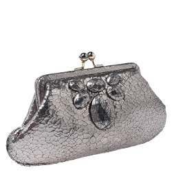 Pre Owned Anya Hindmarch Silver Crackled Leather Knot Clutch
