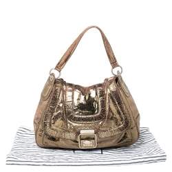 Anya Hindmarch Gold Laminated Suede Crackle Effect Flap Buckle Shoulder Bag