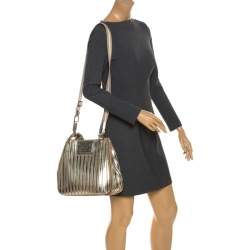 Pre Owned Anya Hindmarch Metallic Gold Striped Leather Belvedere Tote