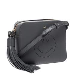 Pre Owned Anya Hindmarch Dark Grey Leather Smiley Crossbody Bag with Small Zip Around Wallet