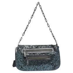 Pre Owned Anya Hindmarch Blue Glitter and Leather Flap Chain Shoulder Bag