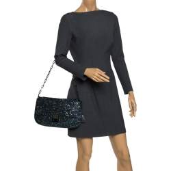 Pre Owned Anya Hindmarch Blue Glitter and Leather Flap Chain Shoulder Bag