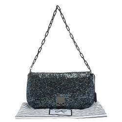 Pre Owned Anya Hindmarch Blue Glitter and Leather Flap Chain Shoulder Bag
