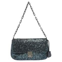 Pre Owned Anya Hindmarch Blue Glitter and Leather Flap Chain Shoulder Bag