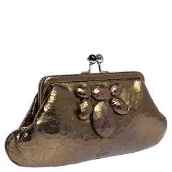 Pre Owned Anya Hindmarch Metallic Gold Ceramic Effect Leather Kiss Lock Clutch 