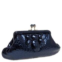 Pre Owned Anya Hindmarch Metallic Blue Ceramic Effect Leather Kiss Lock Clutch 