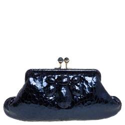Pre Owned Anya Hindmarch Metallic Blue Ceramic Effect Leather Kiss Lock Clutch 
