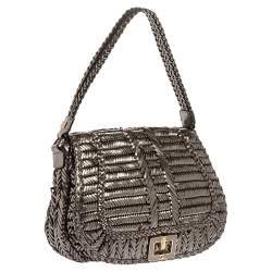 Pre Owned Anya Hindmarch Metallic Grey Woven Leather Flap Hobo
