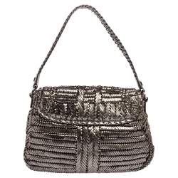 Pre Owned Anya Hindmarch Metallic Grey Woven Leather Flap Hobo