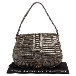 Pre Owned Anya Hindmarch Metallic Grey Woven Leather Flap Hobo