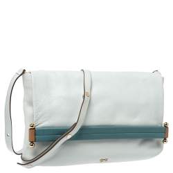 Pre Owned Anya Hindmarch White/Blue Leather Flap Shoulder Bag