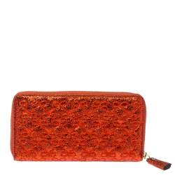 Pre Owned Anya Hindmarch Metallic Orange Textured Embossed Leather Zip Around Wallet
