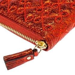 Pre Owned Anya Hindmarch Metallic Orange Textured Embossed Leather Zip Around Wallet
