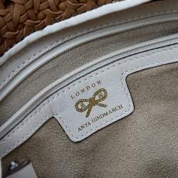 Pre Owned Anya Hindmarch White/Brown Leather Bowery Woven Flap Shoulder Bag