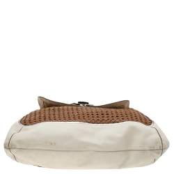 Pre Owned Anya Hindmarch White/Brown Leather Bowery Woven Flap Shoulder Bag